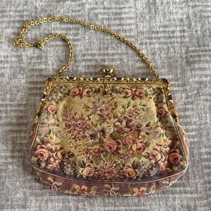 Antique Floral Tapestry Evening Bag with Gold Chain